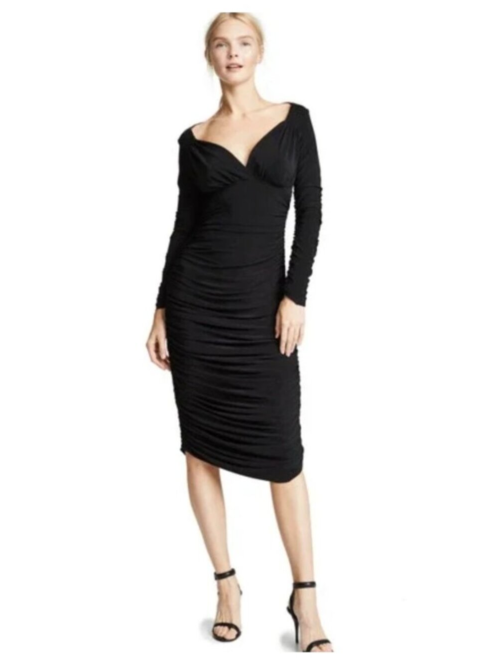 Norma Kamali Tara Dress Ruched Midi Black V Neck Jersey Knit Anthropologie Large